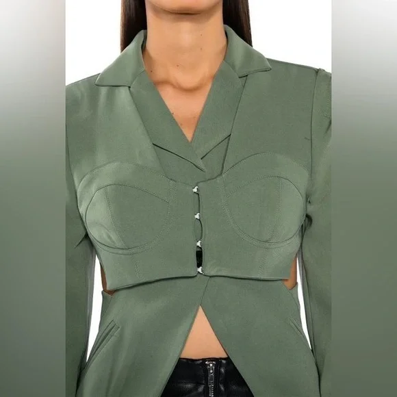 Brand New AKIRA Corset Blazer Side Cutouts Bustier Front Sage Green Avant-Garde - Picture 8 of 9